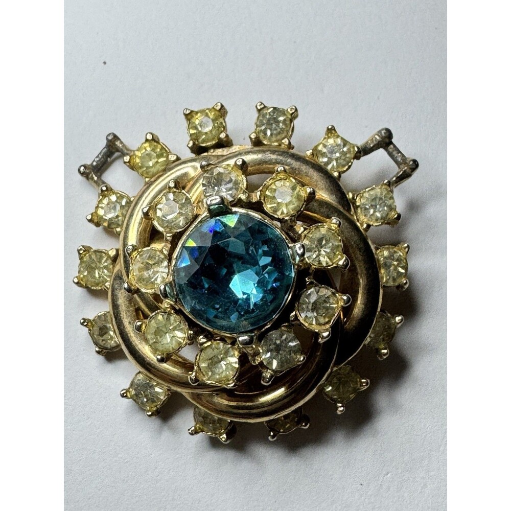 Vintage 1940s Aqua Blue Rhinestone Convertible Brooch Pendant Gold Tone 1.5”